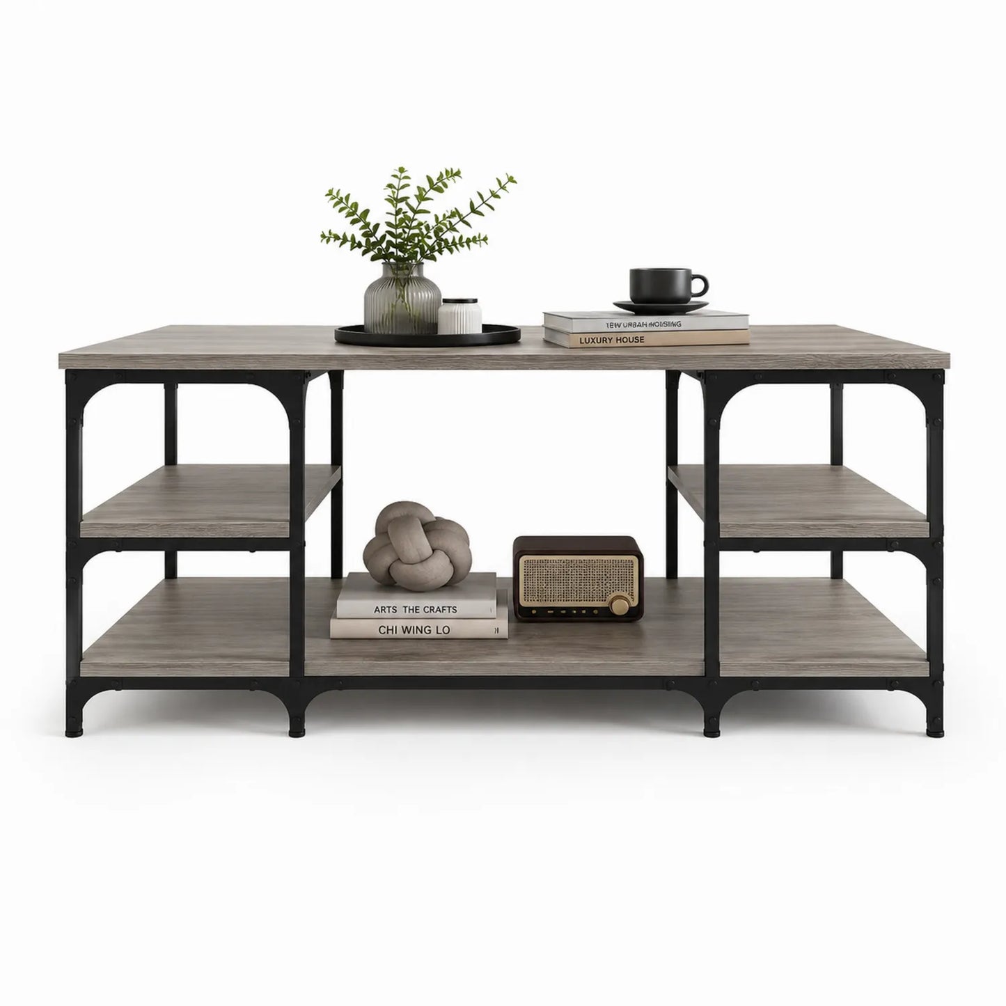 Rechteckiger Couchtisch aus Holz und Metall mit Regalen, 120 x 60 x 45 cm