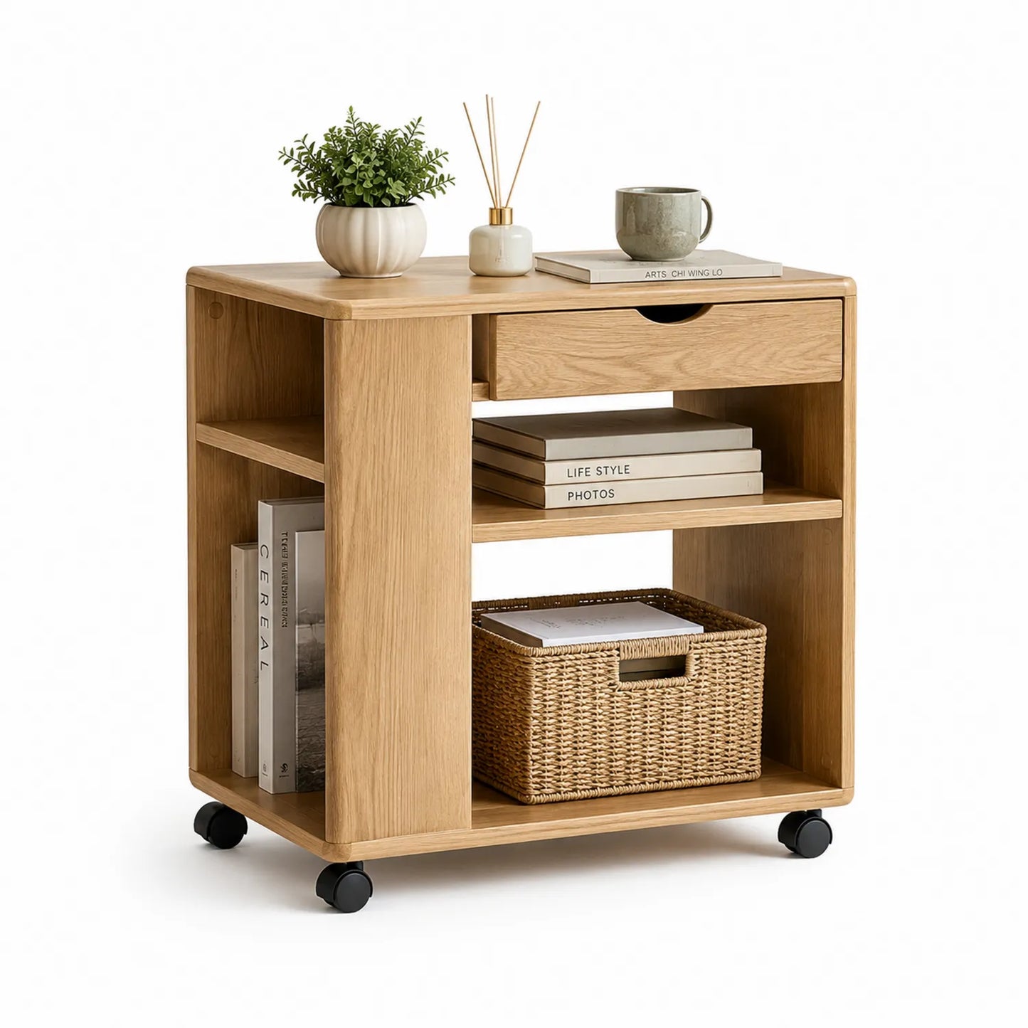Eichenholz Beistelltisch mit Schublade und Regal auf Rollen, 60x40x70 cm