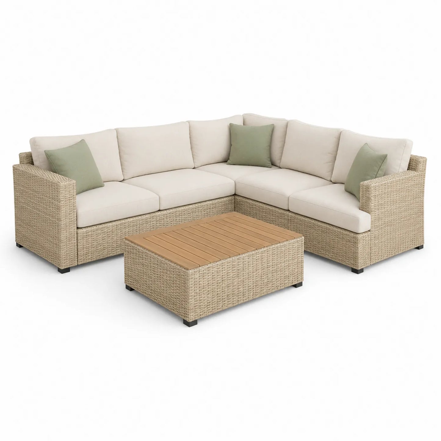 Garten-Ecksofa-Set aus Polyrattan mit Kissen Beige/Grün Tisch Holzplatte