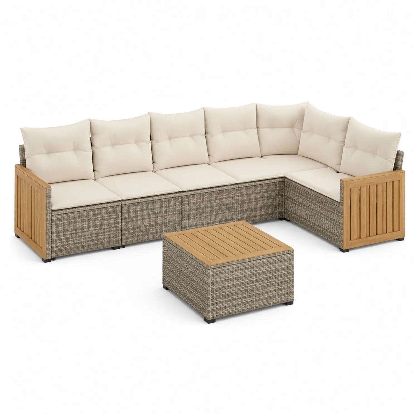 Outdoor Rattan Ecksofa Set mit Akazienholz Tisch