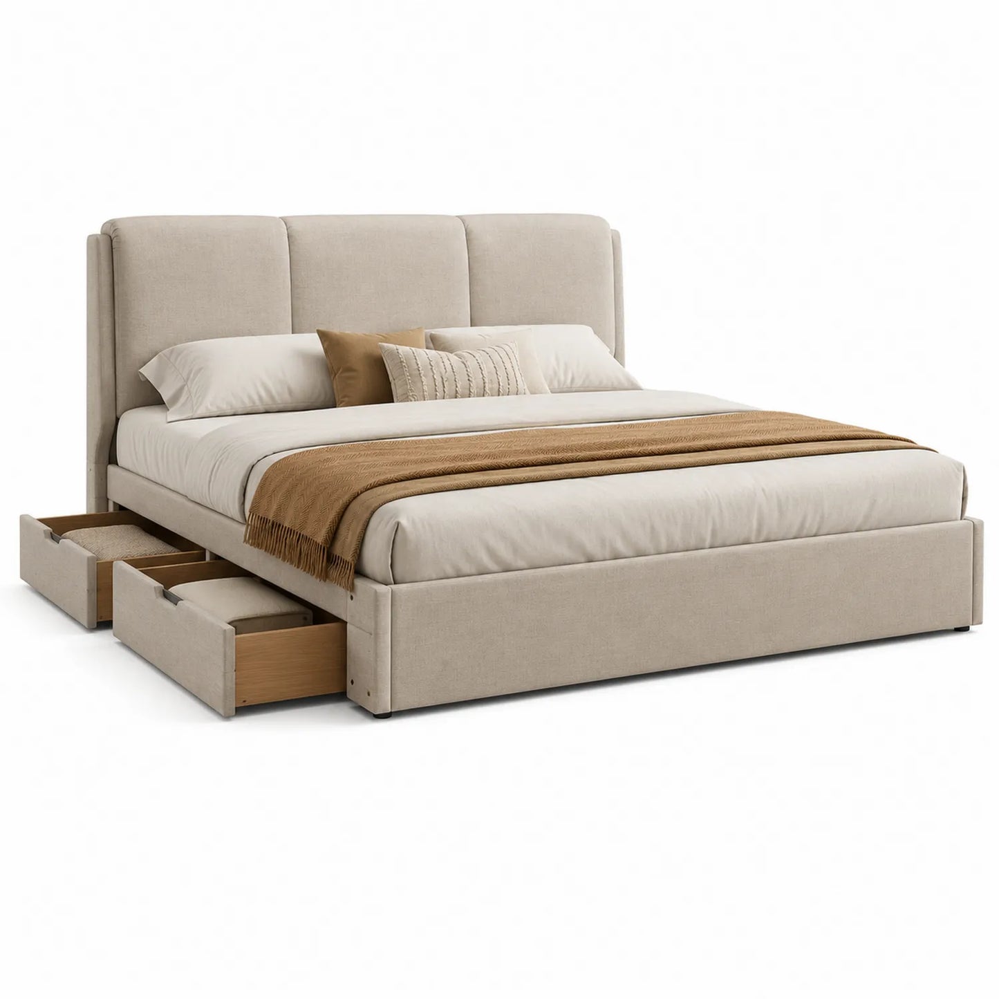 Stoffpolsterbett mit Stauraum-Schubladen Beige 200x180 cm