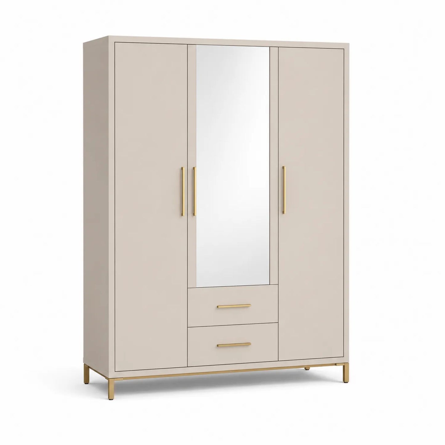 Kleiderschrank aus MDF und Stahl mit Spiegel und Schubladen, Beige
