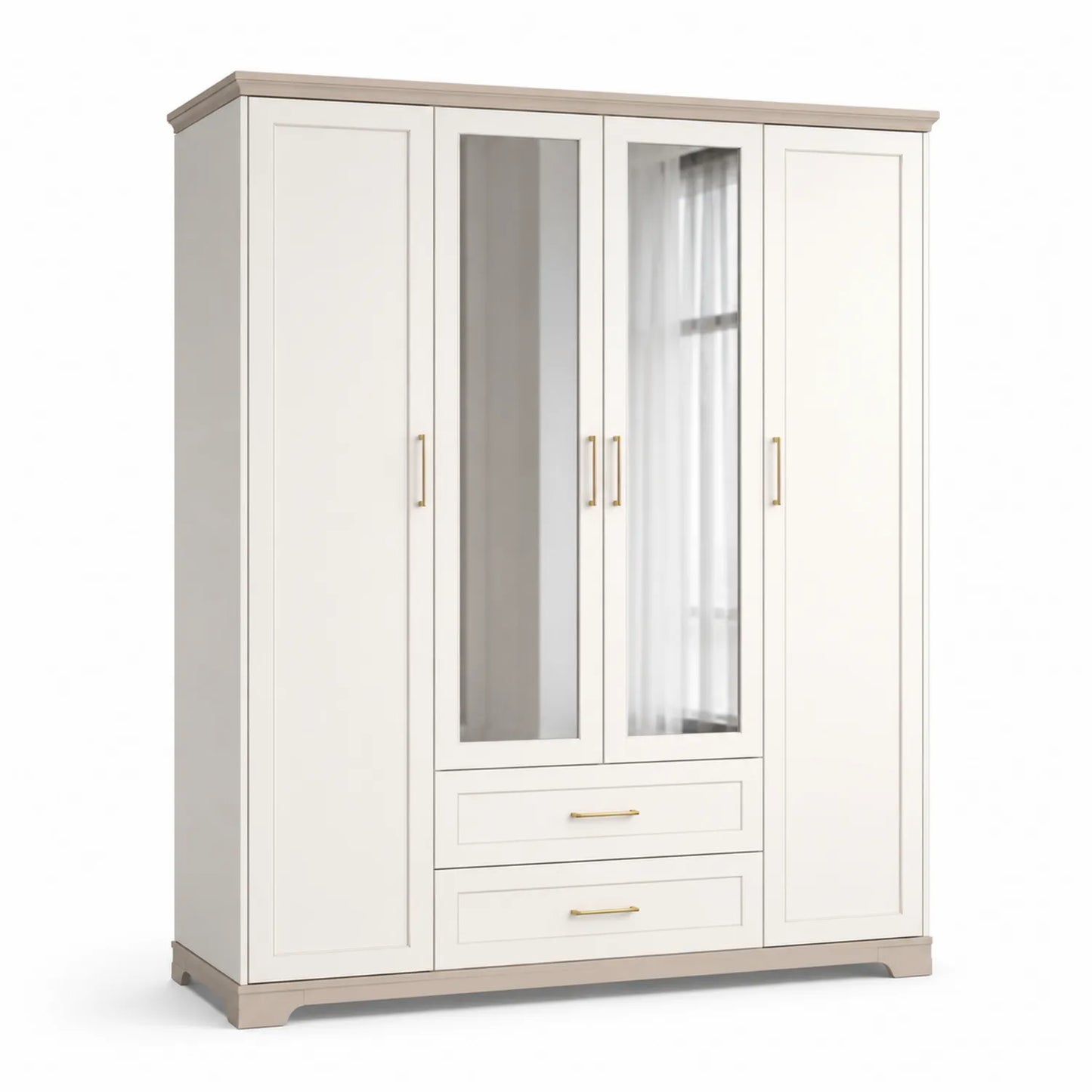 Weißer Kleiderschrank aus MDF-Holz mit Spiegel, 4-türig, 200 cm x 180 cm x 60 cm