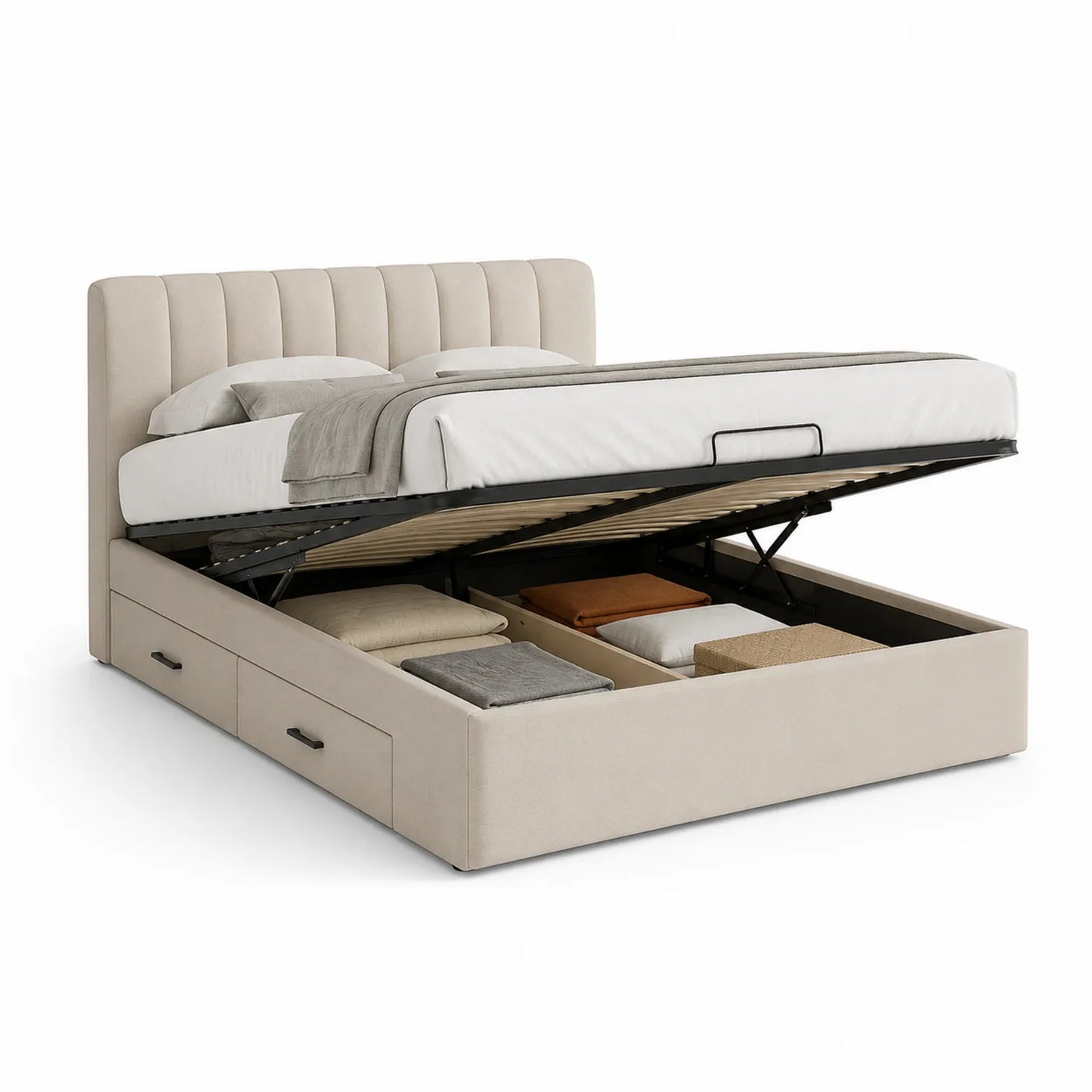 Stoff Stauraumbett aus Metall mit Hebemechanismus Beige 200x160 cm