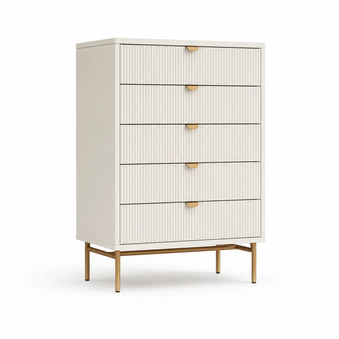 Hohe Holzkommode mit 5 Schubladen und Metallbeinen in Beige