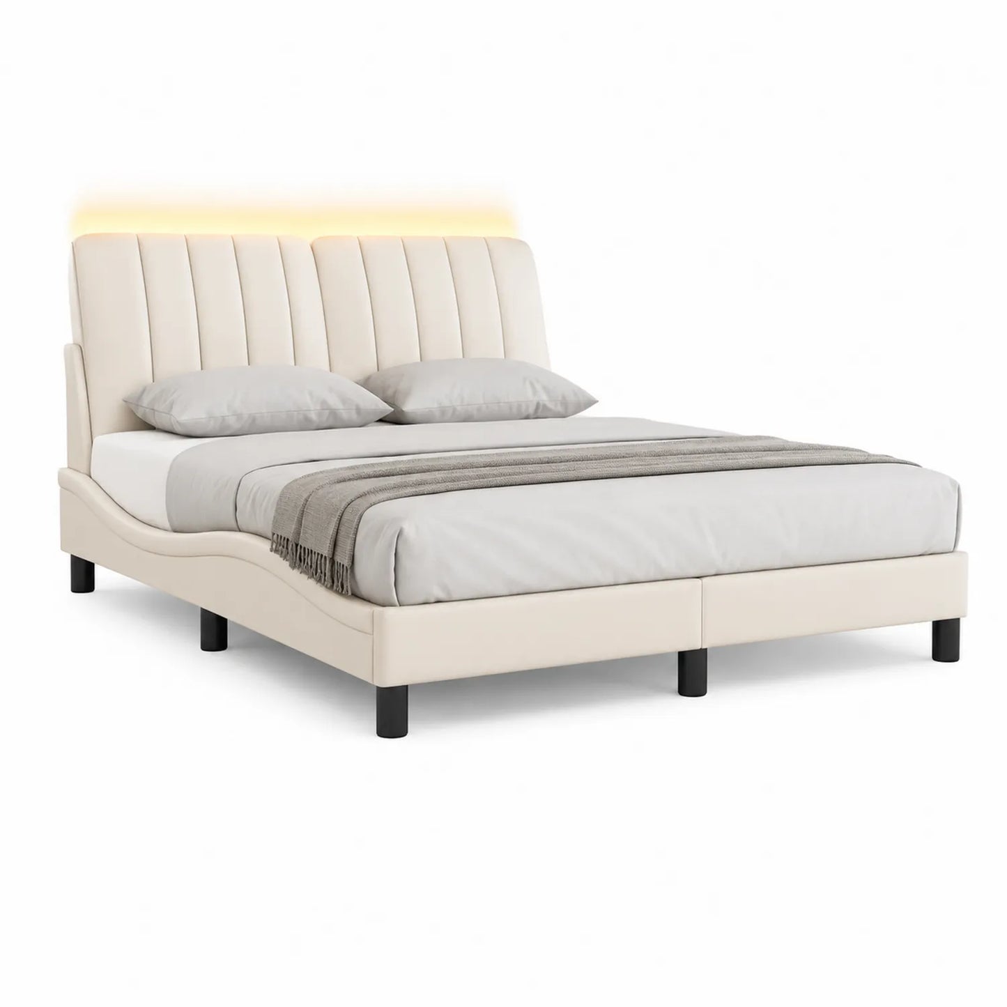 Doppelbett Kunstleder Beige mit LED-Beleuchtung 200x160 cm