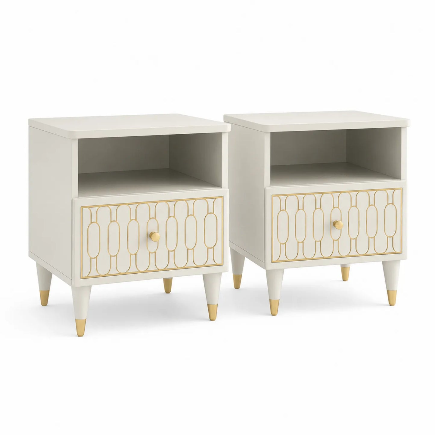 Holznachttisch-Set mit Schublade und Regal, Weiß-Gold, 45x35x60 cm