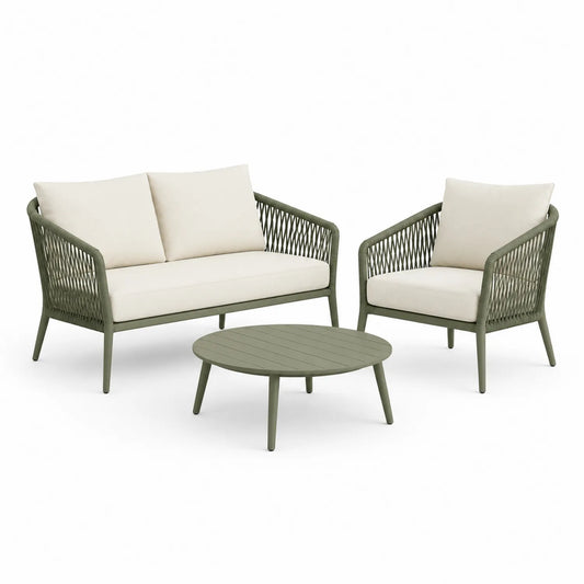 3-teiliges Gartenset aus Stahl und Polyester, Olivgrün und Beige
