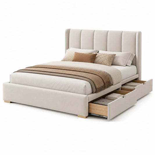Stoffbett mit Stauraum Schubladen Beige