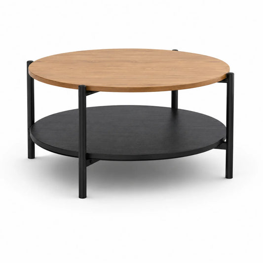 Runder Couchtisch aus Holzfurnier und Metall, 80 cm Durchmesser, Natur/Schwarz