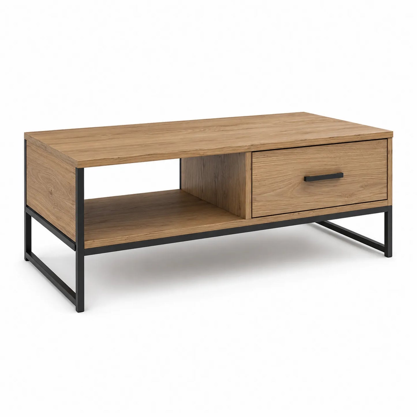 Rechteckiger Couchtisch aus MDF mit Eichenoptik und Metallgestell, 110x60x45cm