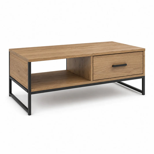 Rechteckiger Couchtisch aus MDF mit Eichenoptik und Metallgestell, 110x60x45cm