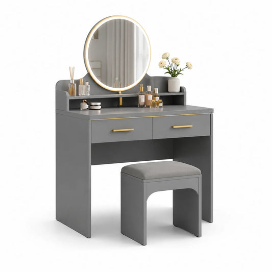 Schminktisch aus Holzwerkstoff mit Spiegel und Hocker in Grau 100x40x135cm