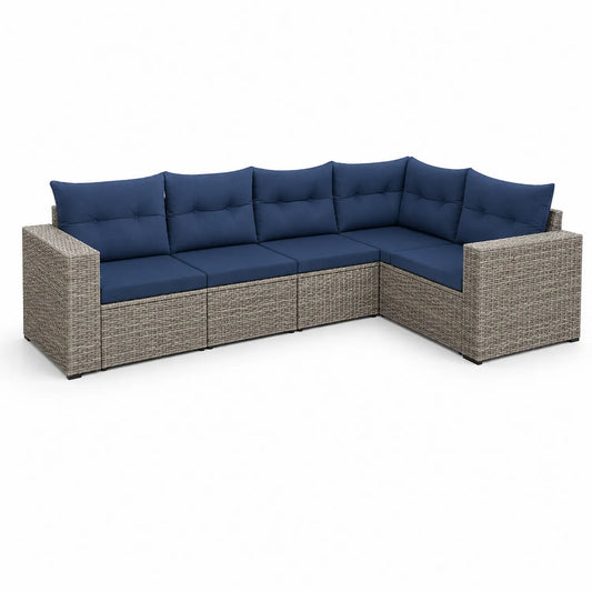 Poly Rattan Outdoor Ecksofa Set 5-Sitzer Grau mit Blauen Kissen