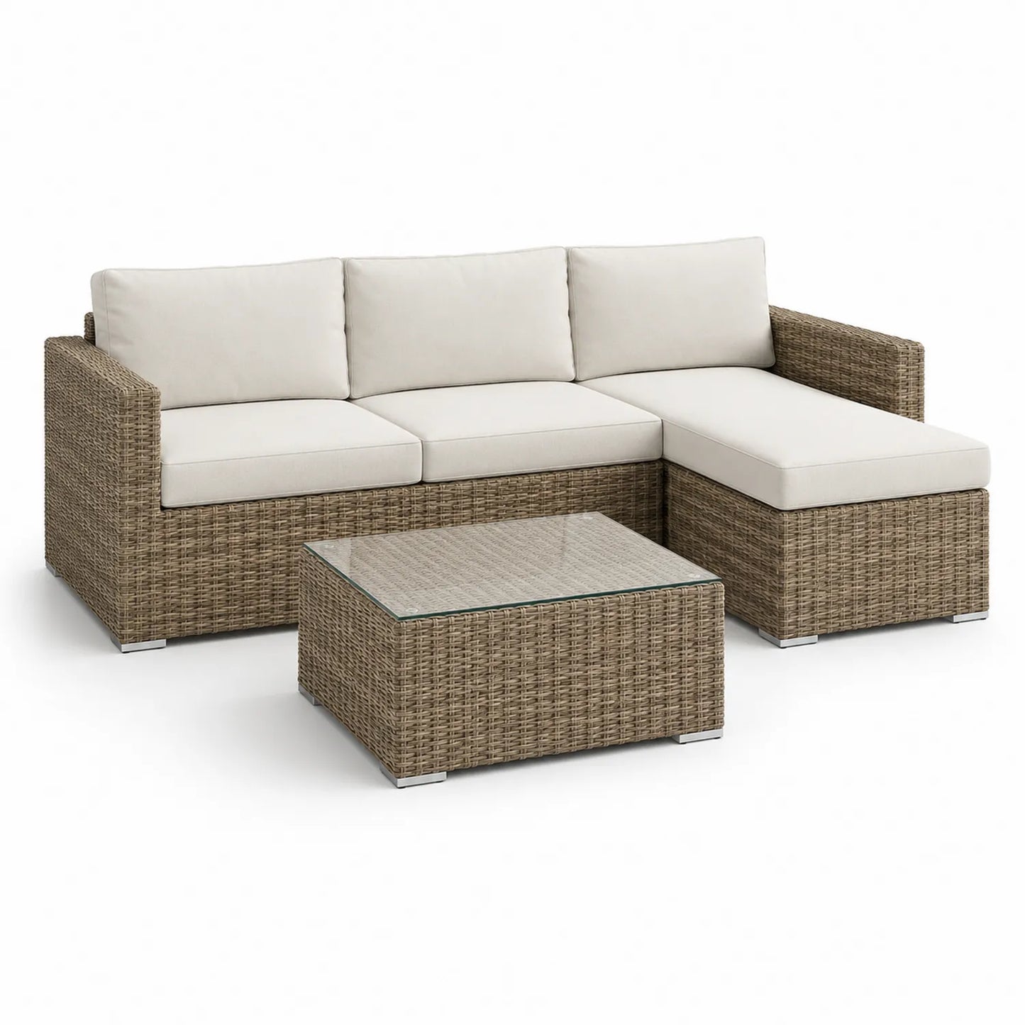 Rattan Gartensofa Set mit Tisch und Glasplatte Beige