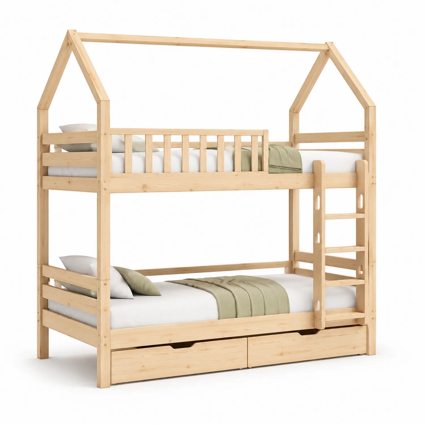 Kiefernholz-Hochbett mit Leiter und Stauraum, Natur