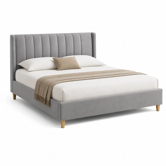 Samtbett 180x200 cm Grau mit Holzfüße