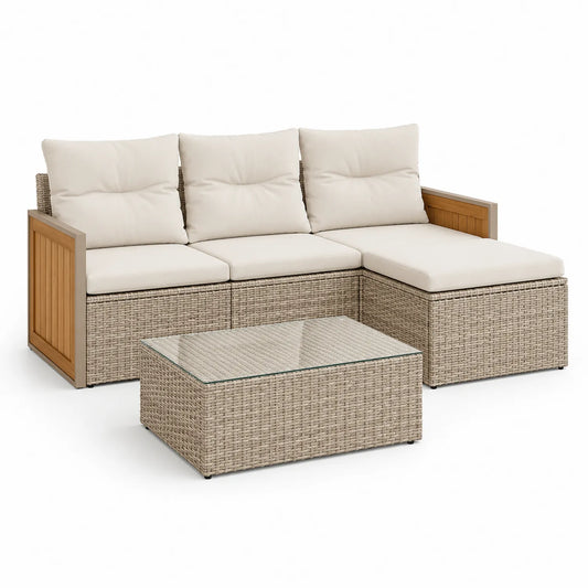 Rattan Ecksofa Set mit Kissen und Glastisch Beige