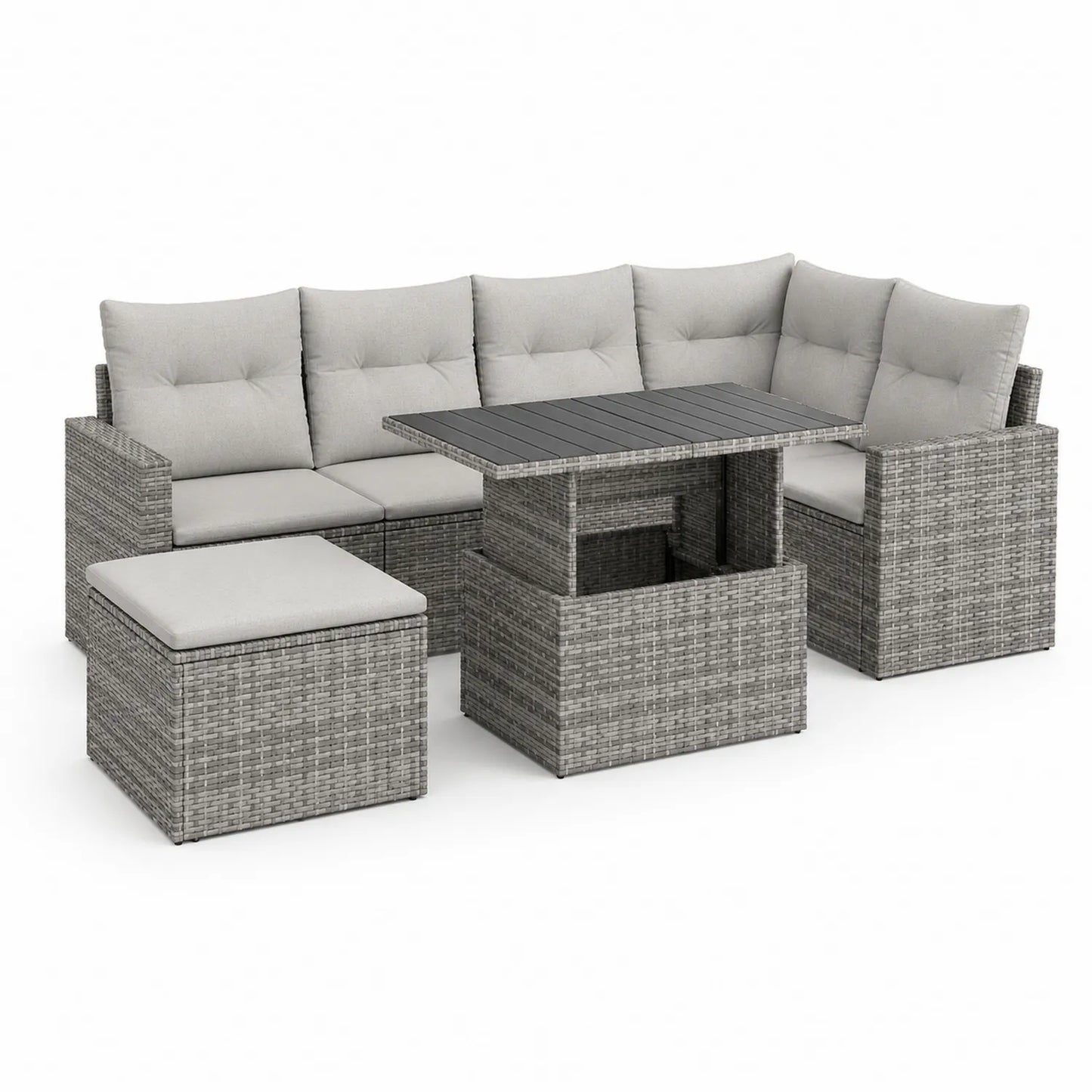 Polyrattan Gartenmöbel Set mit Tisch und Polster, Hellgrau, 220 cm