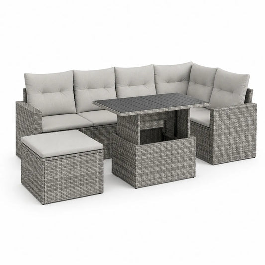 Polyrattan Gartenmöbel Set mit Tisch und Polster, Hellgrau, 220 cm