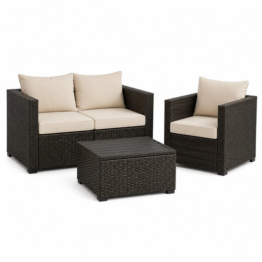 Gartenmöbel Set 3-teilig Polyrattan Sofa Stahlrahmen Beige Kissen