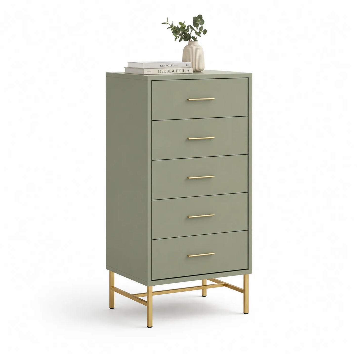 Kommode mit 5 Schubladen, MDF und Metall, Grün