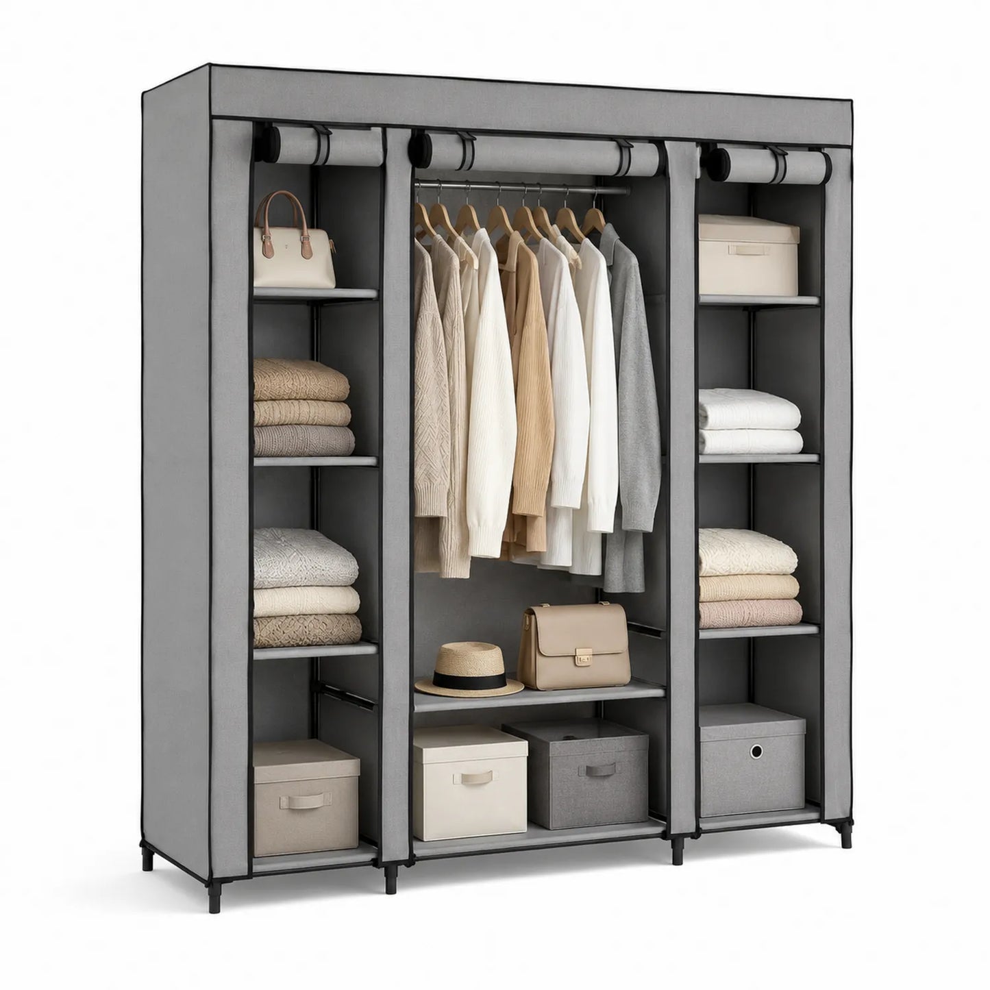 Grau Stoffkleiderschrank faltbar mit 100% Polyester und Stahlstruktur
