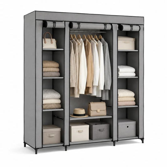 Grau Stoffkleiderschrank faltbar mit 100% Polyester und Stahlstruktur