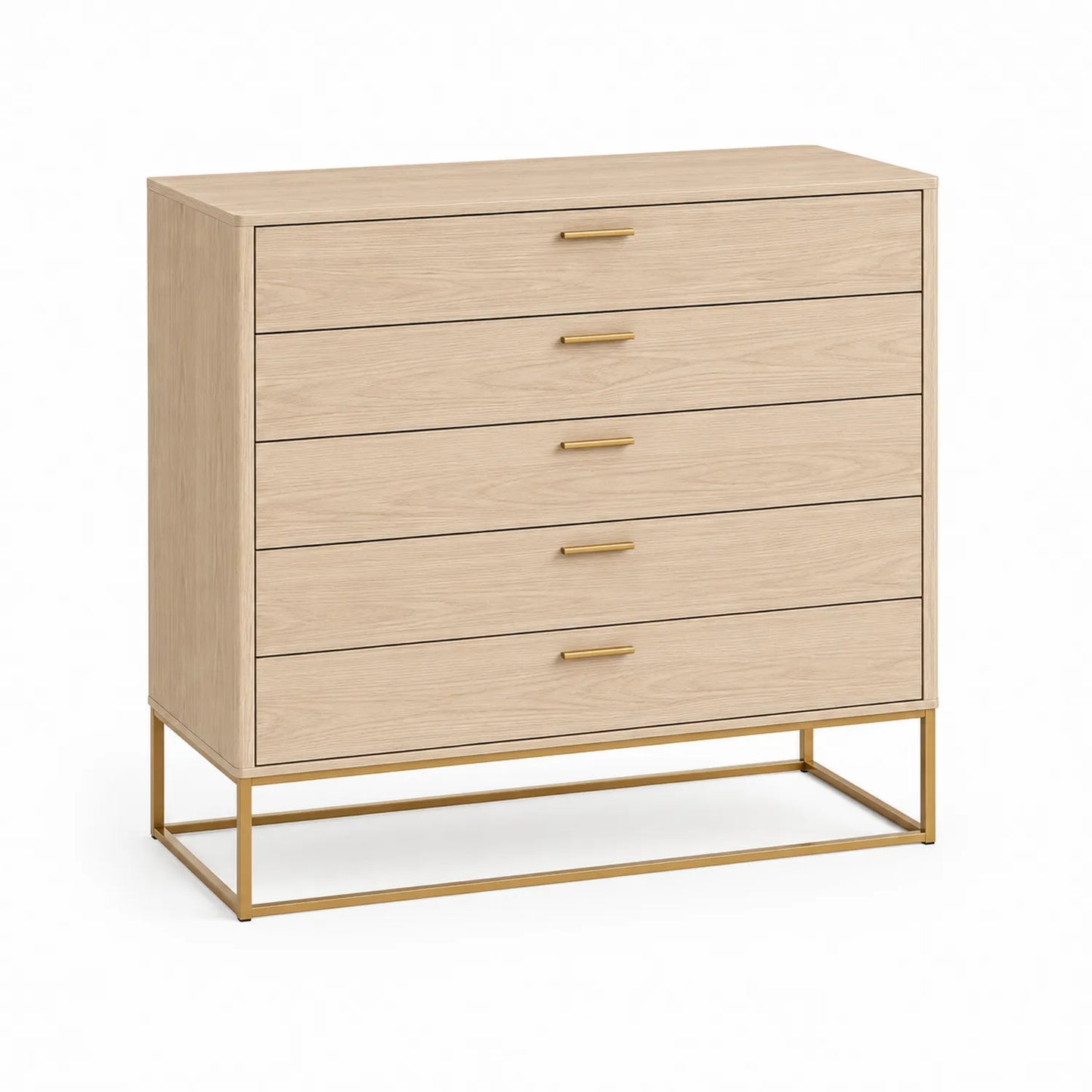 Kommode mit 5 Schubladen aus Eichenfurnier und Metall, Natur und Gold 100x40x120cm