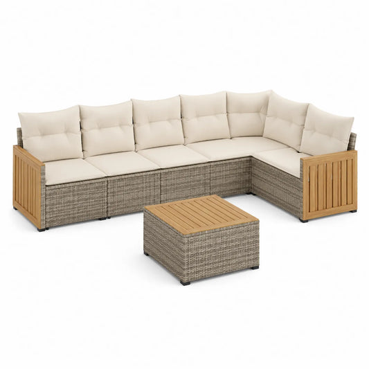 Outdoor Rattan Ecksofa Set mit Akazienholz Tisch