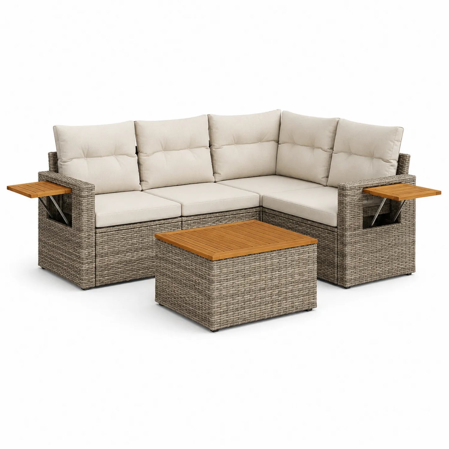 Gartensofa-Set aus Polyrattan mit Teakholz und Beistelltischen Beige 210x210 cm