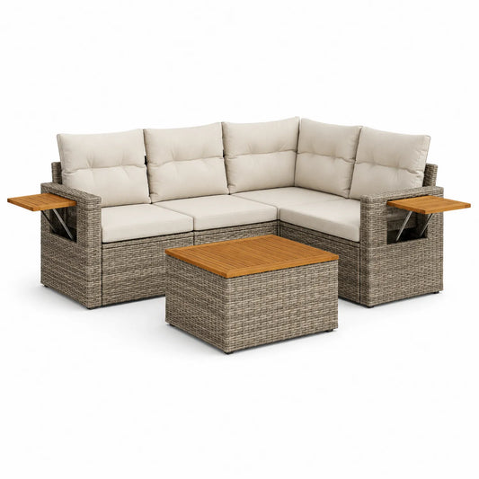 Gartensofa-Set aus Polyrattan mit Teakholz und Beistelltischen Beige 210x210 cm