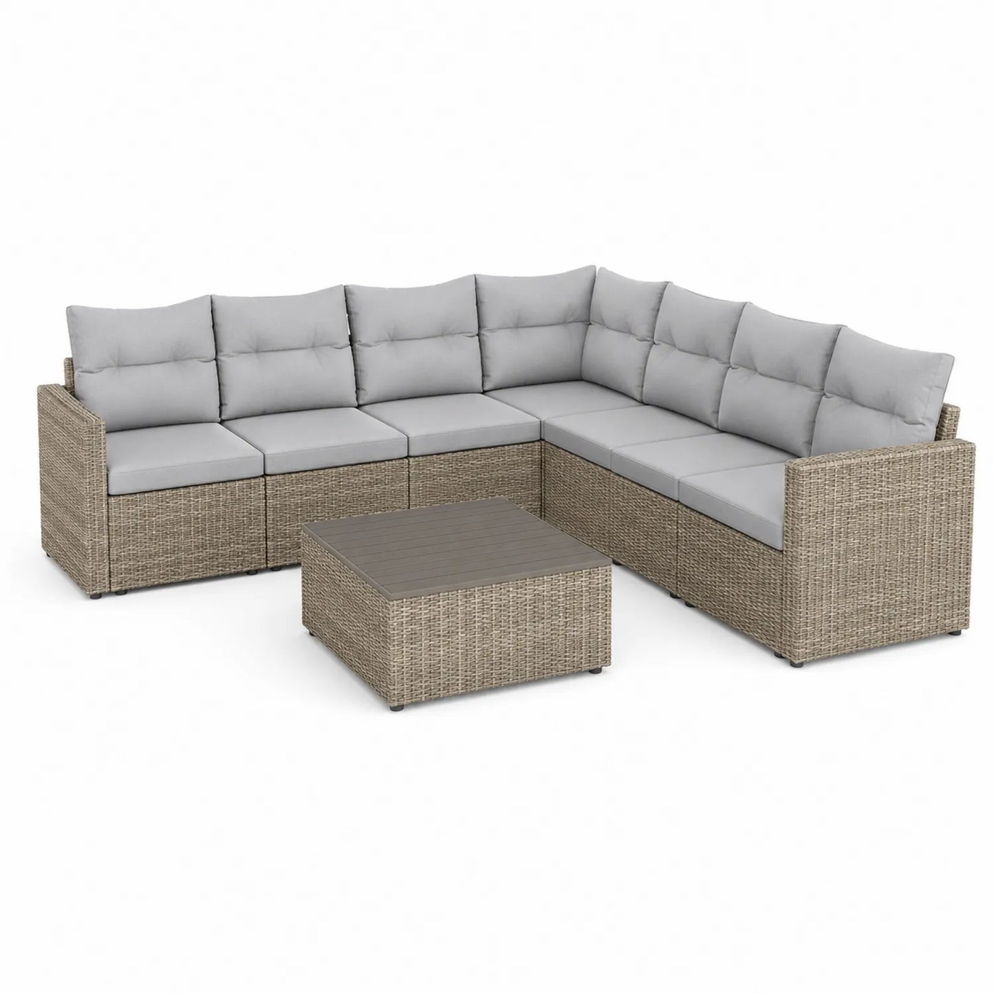 Ecksofa Set Rattan Hellgrau 7-Sitzer Tisch