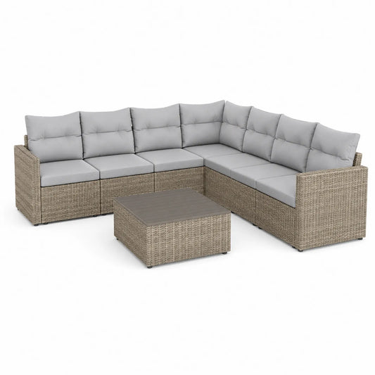 Ecksofa Set Rattan Hellgrau 7-Sitzer Tisch
