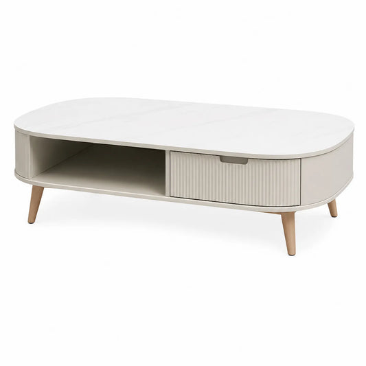 Ovaler Couchtisch in Marmoroptik mit MDF und Holzbeinen, Weiß 120x60x40 cm