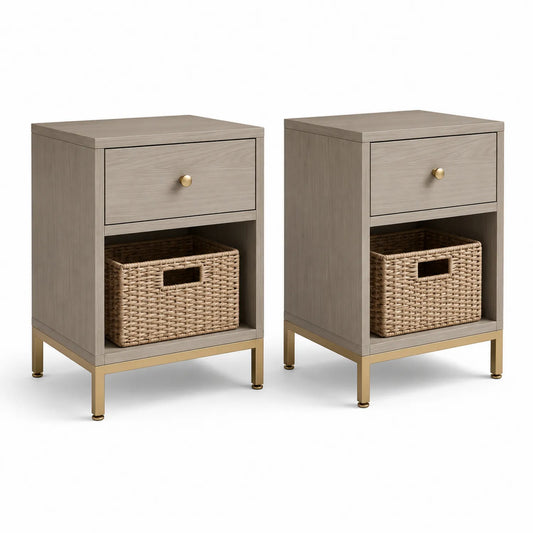 Holz-Metall Nachttisch Set mit Schublade und Korb MDF Weidengeflecht 40x30x60cm