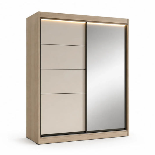 Kleiderschrank mit Schiebetüren und Spiegel in MDF Holzoptik