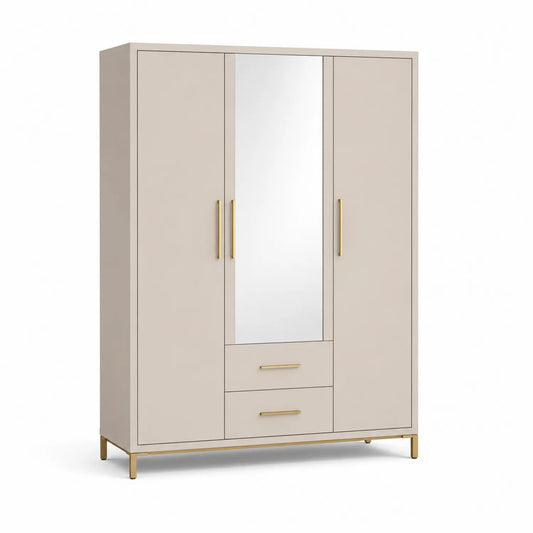 Kleiderschrank aus MDF und Stahl mit Spiegel und Schubladen, Beige