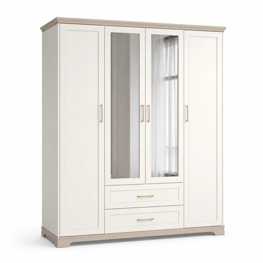 Weißer Kleiderschrank aus MDF-Holz mit Spiegel, 4-türig, 200 cm x 180 cm x 60 cm