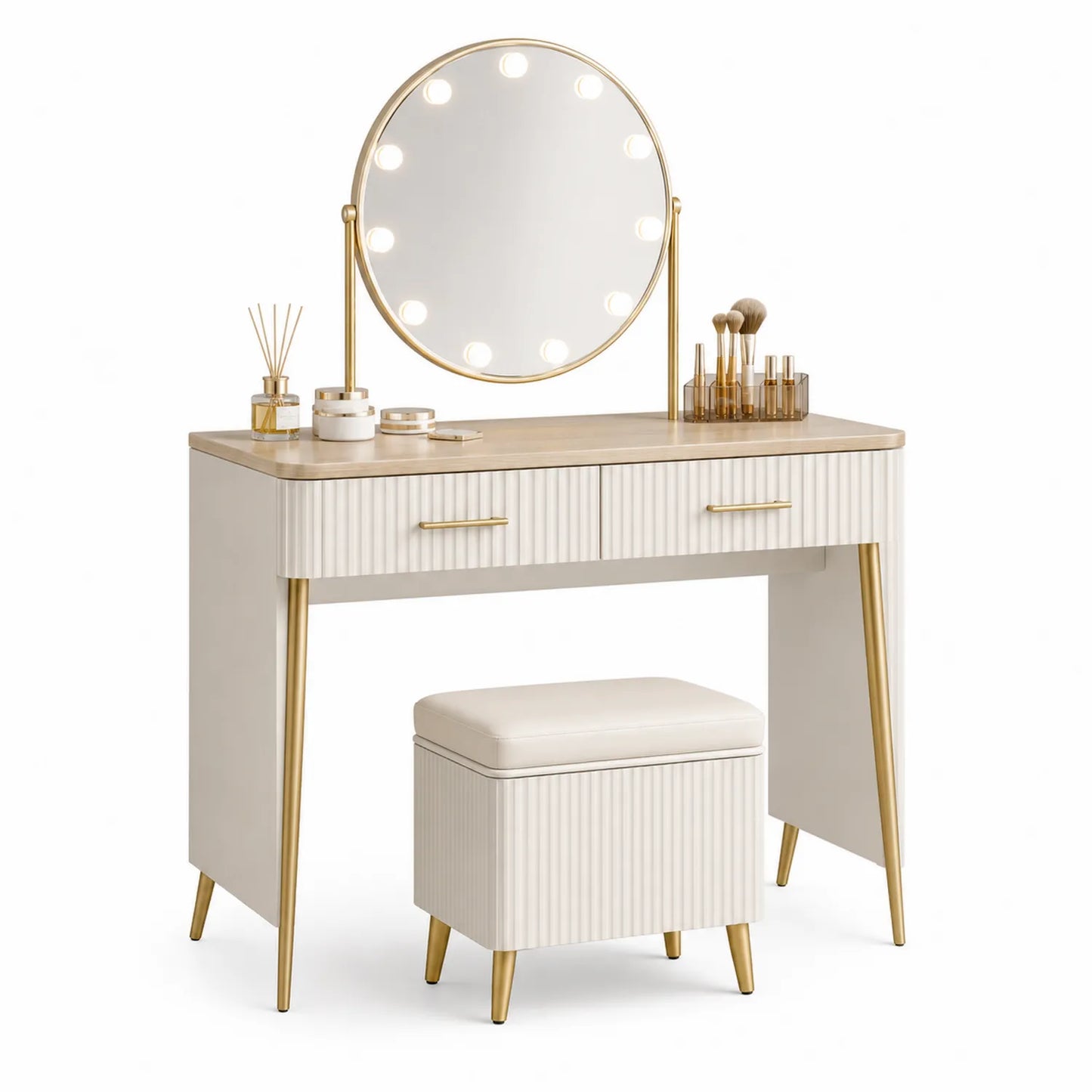 Schminktisch Set mit Hocker und beleuchtetem Spiegel, Holzwerkstoff/Metall, Weiß/Gold