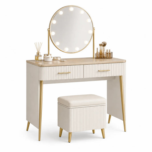 Schminktisch Set mit Hocker und beleuchtetem Spiegel, Holzwerkstoff/Metall, Weiß/Gold