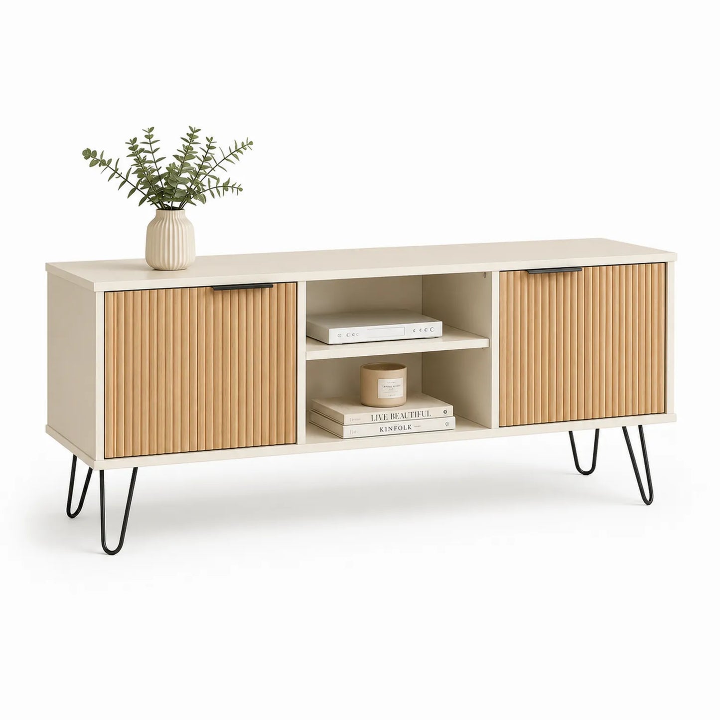 TV-Schrank aus MDF mit Metallbeinen in Weiß und Holzton
