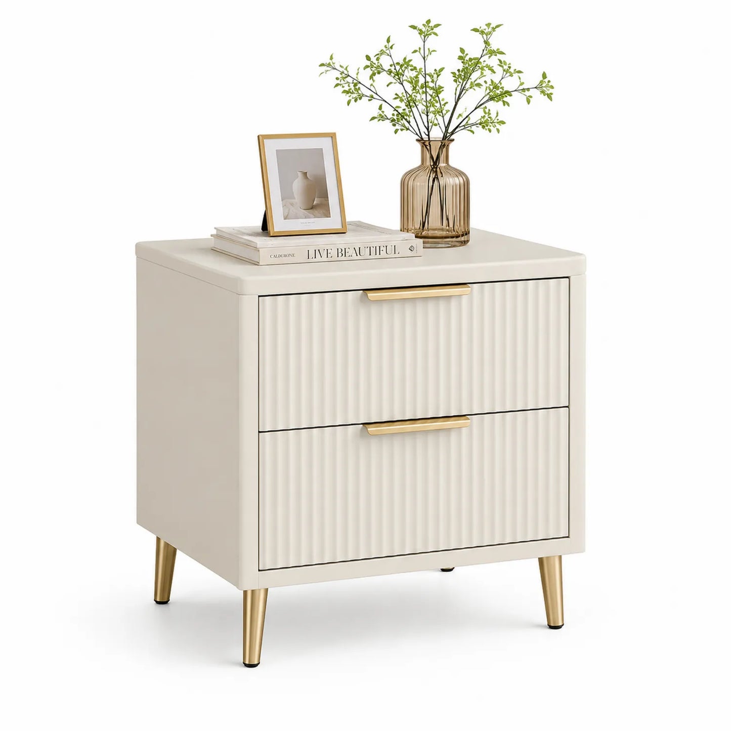 Holznachttisch mit 2 Schubladen in Beige und Goldmetallakzenten