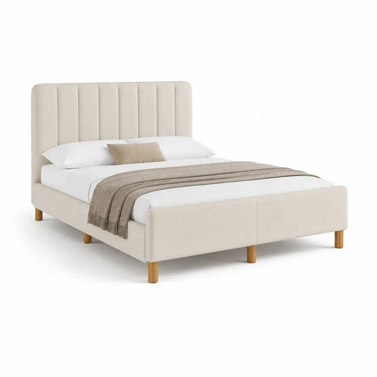 Holzbett mit Samtbezug und Holzfüßen Beige 200x160cm