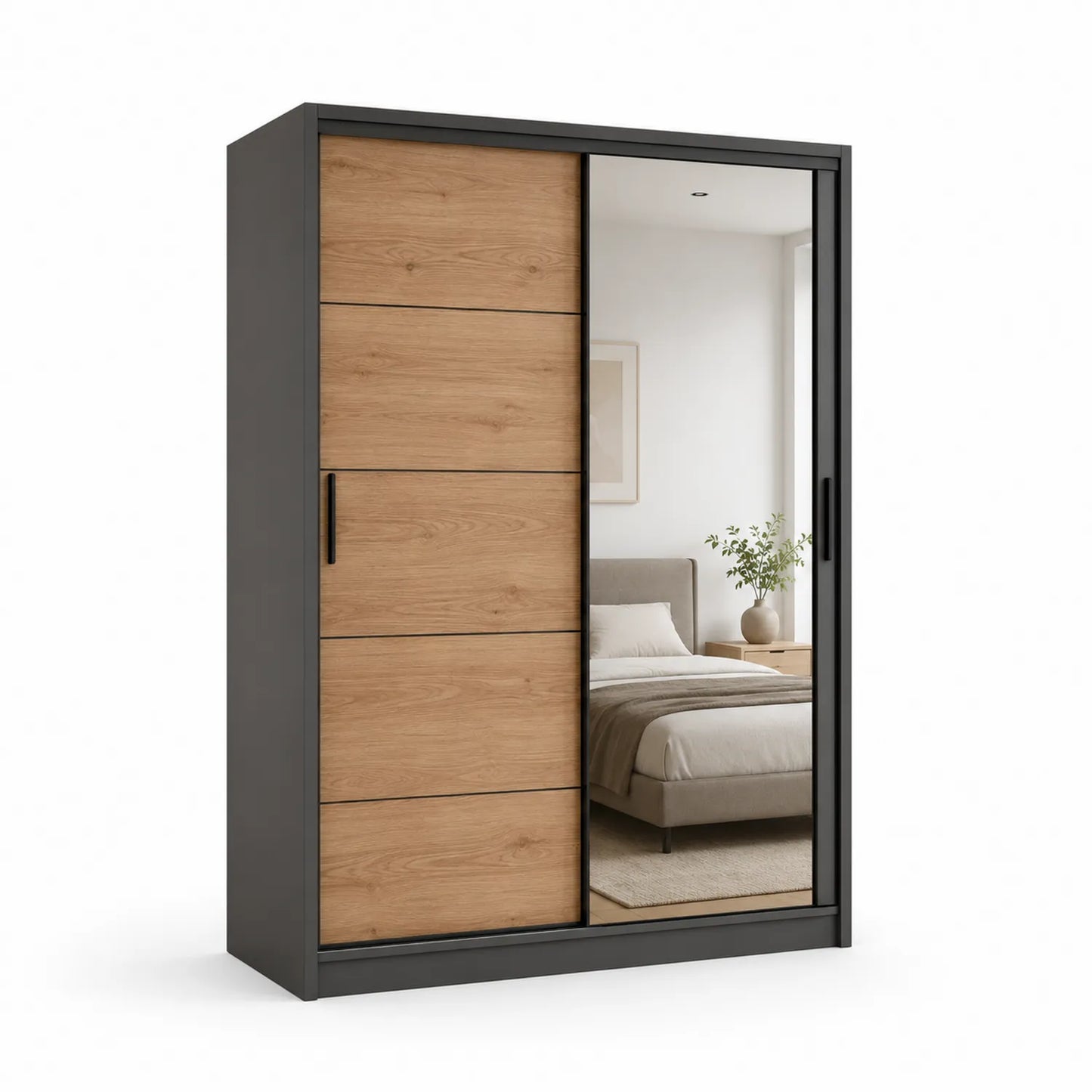 Kleiderschrank mit Schiebetüren, Spiegel, Metall und Holz, 200x215x60cm
