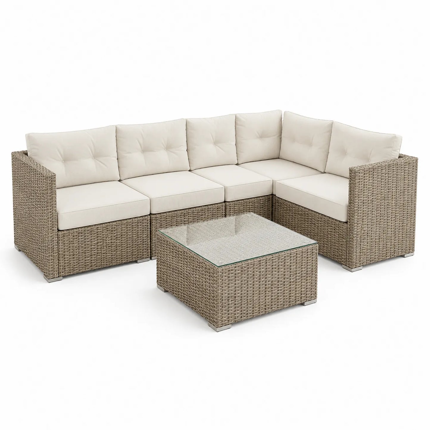 Gartenecksofa aus Polyrattan mit gehärtetem Glas und Polyesterkissen, Beige