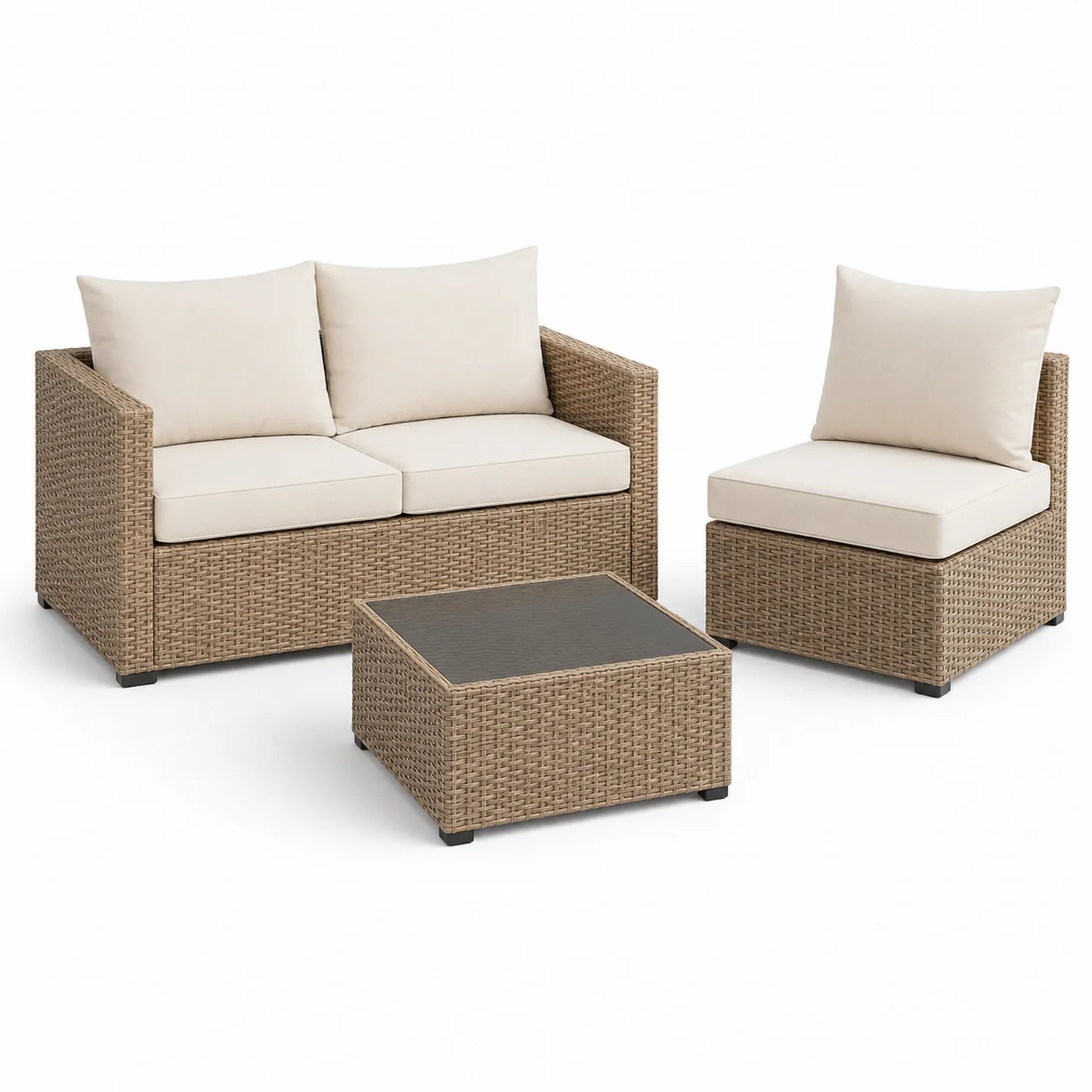 3-teiliges Gartenmöbel Set aus Polyethylen-Rattan mit beigen Kissen