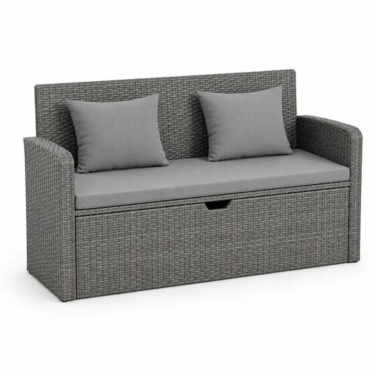 Polyrattan Gartenbank mit Stauraum Stahl Grau