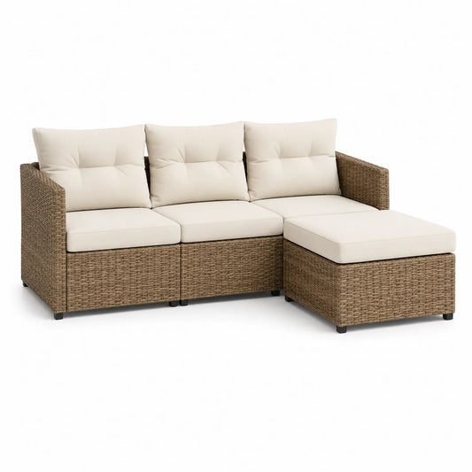 Rattan Gartensofa Set, Creme, 3-Sitzer mit Hocker