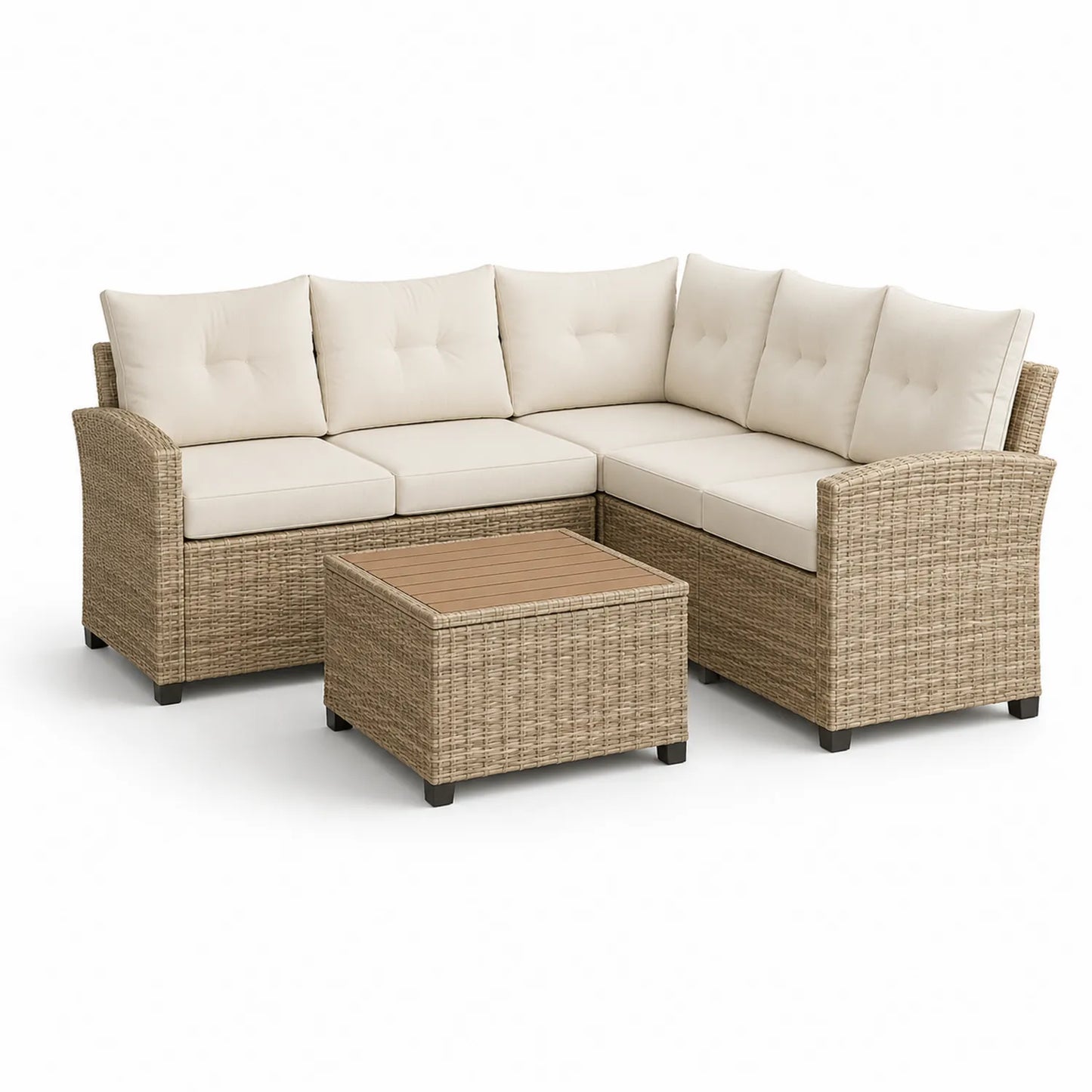 Rattan Ecksofa Set mit Couchtisch PE-Rattan Akazienholz Hellbeige